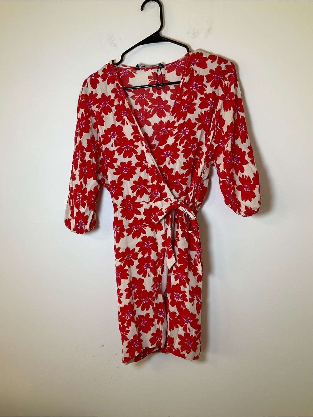Zara Floral Wrap Dress Red White 3/4 Sleeve Mini NWOT XS